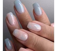 24 Pièces Faux Ongles Court Carrés Ongles à Coller Français Rose Bleu Press on Nails Naturel Acrylique Capsules Ongles Réutilisable Couverture Complète Bâton sur Ongles pour Femmes et Filles