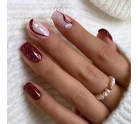 24 Pièces Faux Ongles Court Carrés Ongles à Coller Français Rouge Brillant Glossy Press on Nails Naturel Acrylique Capsules Réutilisable Couverture Complète Faux Ongles pour Femmes et Filles