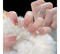 24 Pièces Faux Ongles Court Carrés Ongles à Coller Français Rougir Glossy Strass Press on Nails Naturel Acrylique Capsules Réutilisable Couverture Complète Faux Ongles pour Femmes et Filles