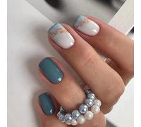 24 Pièces Faux Ongles Courts Forme Carrée Bleu Océan Uni, Tenue Longue Durée, Amovibles, Boîte Comprise, Parfaits Pour Usage Quotidien et Diverses Occasions