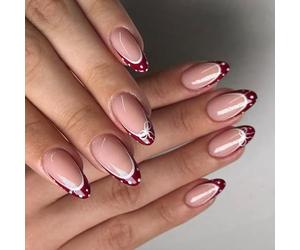 24 pièces faux ongles en forme d ' amande rouge vin brillant pointe française points blancs arcs accent artificiel application facile pointe française rouge artificielle