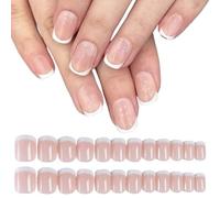 24 Pièces Faux Ongles Français, Carré Court Ongles nus Press on Nails, Couverture Complète Acrylique Ongles Réutilisables, Ensembles de Manucure pour Femme Fille