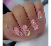 24 Pièces Faux Ongles Français Moyen Carré Ongles à Coller Couverture Complète Capsules Ongles avec Arc-en-ciel Amour Dessin Acrylique Press on Nails Autocollants pour Femme et Fille Nail Art