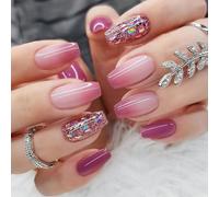 24 Pièces Faux Ongles Français Moyen Cercueil Violet Dégradé Ongles à Coller Couverture Complète Capsules Ongles avec Dessin Acrylique Press on Nails Autocollants pour Femme et Fille Nail Art