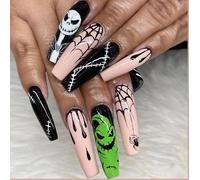 24 Pièces Faux Ongles Longs Thème Halloween Fantôme Squelette Citrouille Chauve-Souris Avec Colle Press On Solides et Amovibles (B62, Muticolor)