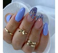24 Pièces Faux Ongles Moyen Amande French Ongles à Coller Acrylique Capsules Brillant Ongles à Presser avec Autocollants Adhesif pour Filles Femmes DIY ou Nail Salon (Étés Bleus)