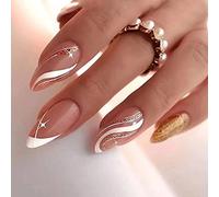 24 Pièces Faux Ongles Moyen Amande French Ongles à Coller Acrylique Capsules Brillant Ongles à Presser avec Autocollants Adhesif pour Filles Femmes DIY ou Nail Salon (Blanc Étoile)
