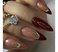 24 Pièces Faux Ongles Moyen Amande French Ongles à Coller Acrylique Capsules Brillant Ongles à Presser avec Autocollants Adhesif pour Filles Femmes DIY ou Nail Salon (Vin rouge)