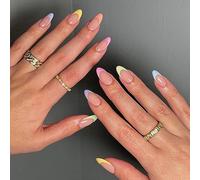 24 Pièces Faux Ongles Moyen Amande French Ongles à Coller Acrylique Capsules Brillant Ongles à Presser avec Autocollants Adhesif pour Filles Femmes DIY ou Nail Salon(Arc-en-ciel)