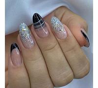 24 Pièces Faux Ongles Moyen Amande French Ongles à Coller Acrylique Capsules Brillant Ongles à Presser avec Autocollants Adhesif pour Filles Femmes DIY ou Nail Salon (Lignes Simples)