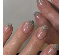 24 Pièces Faux Ongles Moyen Amande French Ongles à Coller Acrylique Capsules Brillant Ongles à Presser avec Autocollants Adhesif pour Filles Femmes DIY ou Nail Salon(Argent Brillant)