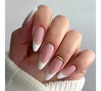 24 Pièces Faux Ongles Moyen Amande French Ongles à Coller Acrylique Capsules Brillant Ongles à Presser avec Autocollants Adhesif pour Filles Femmes DIY ou Nail Salon (Nu avec Strass)