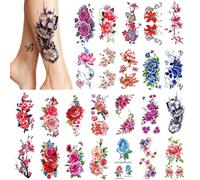 24 Pièces Femmes Tatouages ¿¿Temporaires (Grandes Fleurs), Autocollants De Faux Tatouage De Couleur Vive, Autocollant Étanche Body Art Pour Filles Bras Jambes Epaule Dos