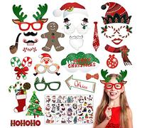 24 Pièces Fête de Noël Photobooth Props, Kit Accessoires de Photobooth avec 4 Tatouages Noel Temporaires pour Enfants Adultes Décoration Fournitures de Fête de Noël