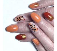 24 Pièces Feuille D'hiver Thème Presse Sur Les Pointes Brillant Design Européen Court Ovale Ongles Artificiels Conseils Éclat Presse Sur L'ongle