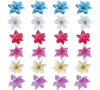 24 Pièces Fleur Artificielle Noel, Fleur de Poinsettia de Noël, Fleurs de Noël Rouge, Or, Bleu, Rose, Fleurs Pour Sapin de Noël pour Nouvel an Couronnes Arbres de Noël Décoration de Vacances d'Hiver