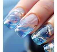 24 Pièces Français Faux Ongles Moyen Carré, Bleu Ballerine Press on Nails Naturel Ongles à Coller avec Lignes d'or Dessin, Acrylique Pleine Couverture Square Faux Ongles Autocollants pour Femmes