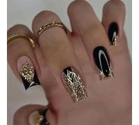 24 Pièces Français Faux Ongles Moyen Carré, Paillettes d'Or Noir Press on Nails Ballerine Ongles à Coller avec Dessin, Acrylique Pleine Couverture Square Faux Ongles Autocollants pour Femmes et Filles