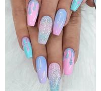 24 Pièces Français Faux Ongles Moyen Cercueil Macaron Couleur Press on Nails Gradient Ongle Artificiels Acrylique Couverture Complète Faux Ongles à Coller 12 Tailles pour Femmes et Filles