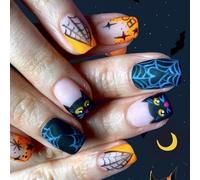 24 Pièces French Tip Press On Nails Cobweb Design Dark Bat Glittering Abs For Halloween Event Cobweb Gothic Nail Set