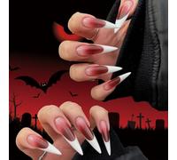 24 Pièces Halloween Faux Ongle Amande, Longs Stiletto Dégradé Rouge Ongles à Coller Français Bordure Blanc Press on Nails, Couverture Complète Bâton sur Ongles pour Femmes Filles (Crocs de Vampire)