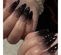 24 Pièces Halloween Faux Ongle Longs Amande, Dégradé Ongles à Coller Français Glossy Press on Nails, Couverture Complète Bâton sur Ongles pour Femmes Filles Nail Art (Noir Crépuscule)