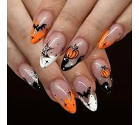 24 Pièces Halloween Faux Ongles Amande Moyenne, Acrylique Ongles à Coller | Mignons Citrouille et Chauves-Souris French Press on Nails, Brillant Naturel Réutilisables Faux Ongles pour Femmes et Filles