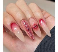 24 Pièces Halloween Faux Ongles Longs Amande, Glossy Rouge Press on Nails avec Motif de Plaie de Sang, Reutilisable Ongles à Coller, Acrylique Bâton sur Ongles pour Femmes Filles Nail Art