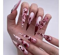 24 Pièces Halloween Longs Stiletto Faux Ongle Amande, Couverture Complète Rouge Ongles à Presser avec Dessin de Sang, Reutilisable Acrylique Bâton sur Ongles pour Femmes Filles