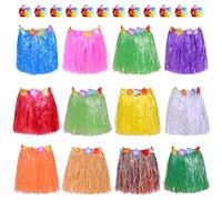 24 Pièces Hawaïenne Jupe en Herbe avec Bracelet, 40cm Hula Grass Set avec Leis Dance Dress, Élastiques de Luau avec Fleurs d'Hibiscus pour Hawaiian Aloha Beach Party Supplies