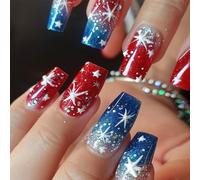 24 Pièces Indépendance Jour Sur Le Thème Du Ballet Faux Ongles Avec Un D'étoile Stick Stick On Nail Decors Pour Les Femmes Nail Art Patriotique