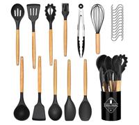 24 Pièces Kit Ustensiles de Cuisine, Set de couverts de cuisine, poignée en bois, résistant à la chaleur, Ensemble de Cuisine sans BPA, Antiadhésif, Noir (M, 24, 24)