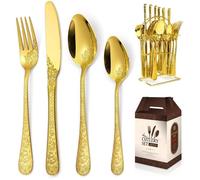 24 Pièces Ménagère pour 4 personnes, Couverts de Table en acier inoxydable doré, Motif gravé