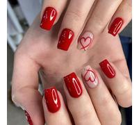 24 pièces Nail Art de la Saint-Valentin, set court carré de 24 stickers pour ongles en forme de cœur rouge avec design de strass, kit de faux ongles en acrylique, comprend : 1 pièce de gel de gelée et