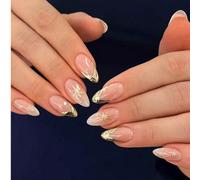 24 pièces Nail Art en gel 3D fait main en forme d'amande, créez un design d'ongles de ciel étoilé doré, set d'ongles français stilettos dorés à clipser, faux ongles acryliques parfaitement ajustés, co