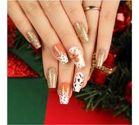 24 Pièces Noël Court Cercueil Faux Ongles Français Ongles à Coller Or Brillant Press on Nails Mignon Élan de Noël Acrylique Couverture Complète Faux Ongles Autocollants pour Femmes Filles
