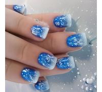 24 pièces Noël Couverture complète Stick Sur Ongles Flocon de Neige Presse Courte Carré Faux Artificiel Pour Hiver Flocon de Neige Code Complet Stick Noël Faux Presse Courte Sur