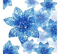 24 Pièces Noël Poinsettia Glitter Ornement d'arbre de Noël Fleurs de Noël Ornement de Décor (Bleu)