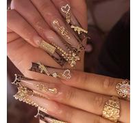 24 pièces Ongles à clipser style Y2K rose rectangle, design pointe française imprimé léopard avec strass, cœurs, armes, notes de musique et décorations de nœuds, haute brillance couvrance totale, conv