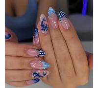 24 pièces Ongles à coller 3D en forme d'amande, motif baleine, pointes d'ongles de manucure française bleu perle, convient pour un ensemble d'ongles acryliques, parfait pour le travail, les études et 