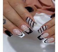 24 pièces Ongles à coller de luxe élégants en 3D avec strass motif vache noir & blanc, convient pour les voyages, les vacances à la plage, les fêtes d'anniversaire, les soirées dansantes, avec kit d'o