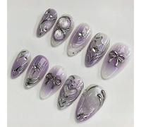 24 pièces Ongles à presser de forme amande moyenne, dégradé violet, pointes courtes violettes blush avec design de ligne de cœur argenté, décoration de strass, haute brillance et couverture complète.
