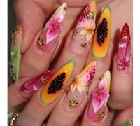 24 pièces Ongles à presser extra longs en forme d'amande style vacances d'été à la plage, couverture complète, décorés de pointes françaises tie-dye colorées avec palmiers, fleurs 3D chaudes, étoiles 