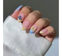 24 pièces Ongles à presser français longs en forme d'amande à pois, motif 3D gel pétale et myrtille, décorés de petites boules d'acier, ensemble d'ongles acryliques, comprend : 1 pièce de colle gelée 