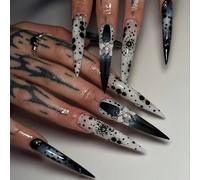 24 pièces Ongles à presser style niche sombre avec effet de lavis d'encre noir & blanc, pointes longues et éclaboussures tie-dye graphiqueABS,Gelée,Carborundum