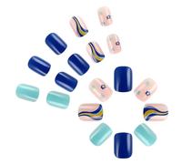 24 Pièces Ongles Acryliques Artificiels Bleus Couverture Complète Courte Faux Tourbillons Coller Sur Fleurs Appuyer Dessus