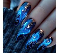 24 pièces Ongles amande dégradé ciel étoilé bleu à presser et 1 lime à ongles + 1 pièce de colle de gel pour fournitures d'ongles ABS,Gelée,Carborundum
