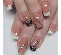 24 pièces Ongles artificiels carrés longs à motif abstrait en blocs de couleurs semi-transparents avec accent pierres de strass nude de style français en couverture complète, kit de manucure avec ongl