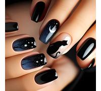 24 pièces ongles artificiels dégradés lune et étoile couverture complète faux bâton brillant sur chats noirs appuyer dessus