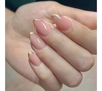 24 Pièces Ongles Artificiels En Forme D'amande À Paillettes Dorées Rose Durabilité Ongles Artificiels En ABS Pour La Fête De La Saint-Valentin Pointe Française À Appuyer Sur L'ongle Bord Doré